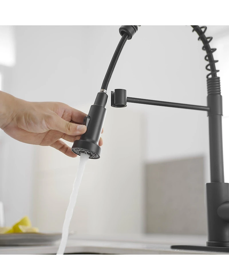 Greenspring Single-Handle Pull-Down Sprayer High Arc Kitchen Faucet With Deck Plate in Matte Black