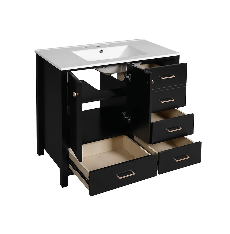Chic Crate-36In Bathroom Vanity Ceramic Sink w/4 Drawers & Soft-Close Doors | Solid Wood Frame | Freestanding | Black