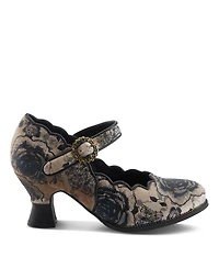 L'Artiste Women's Adodora-Prit Baroque Mary Jane Shoes with Velvet and Leather Upper, Scalloped Edges, Antique Buckle, Cushioned Insole, Sculpted