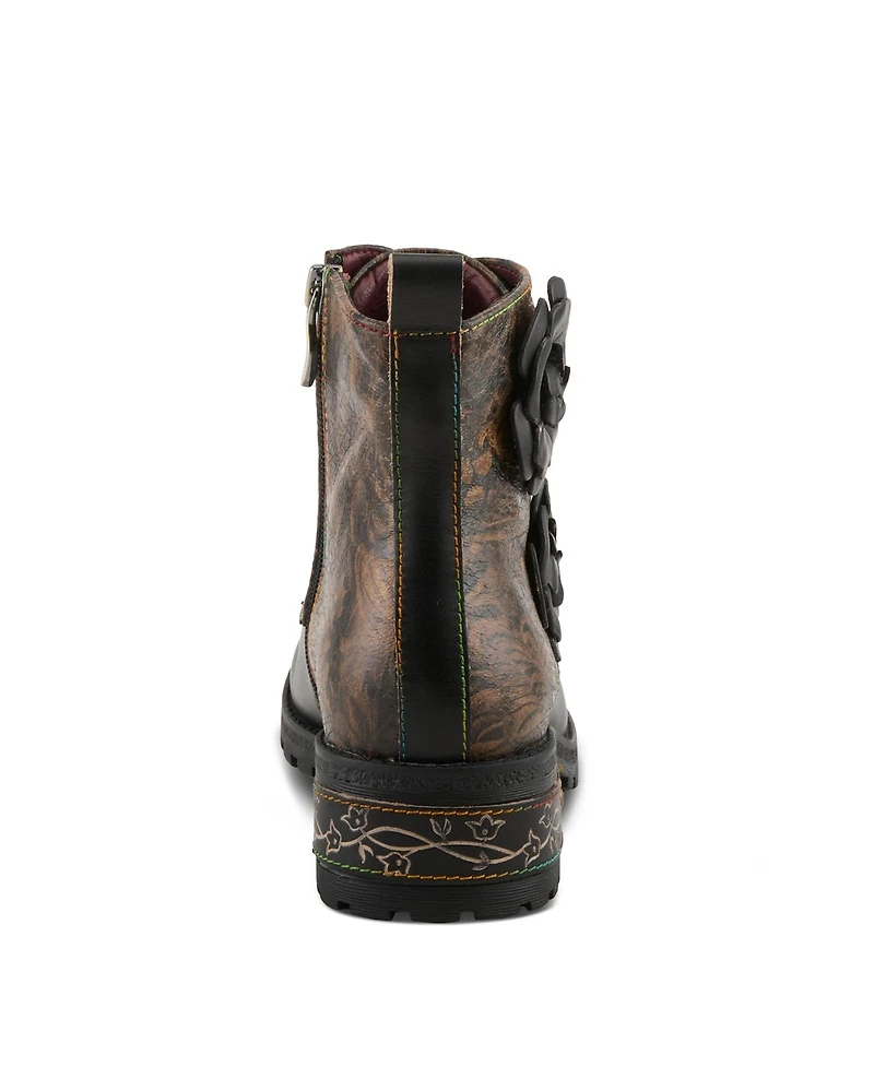 L'Artiste Women's Martinela Floral Applique Leather Boot with Rainbow Stitching and Lace-Up Detail