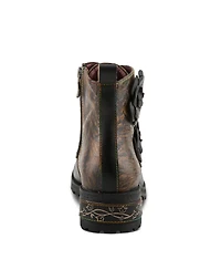 L'Artiste Women's Martinela Floral Applique Leather Boot with Rainbow Stitching and Lace-Up Detail