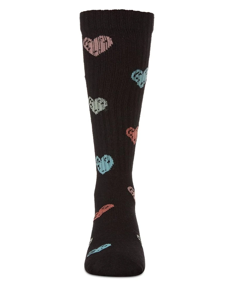 Memoi Little Girls Ribbed Cotton Blend "Multi Graffiti Hearts" Knee Sock