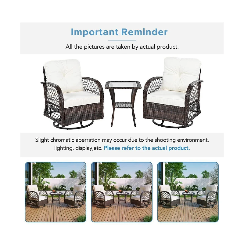 Chic Crate - 3-Piece Rattan Outdoor Furniture Set Modern Swivel Chairs & Square Table with Chat Group Design