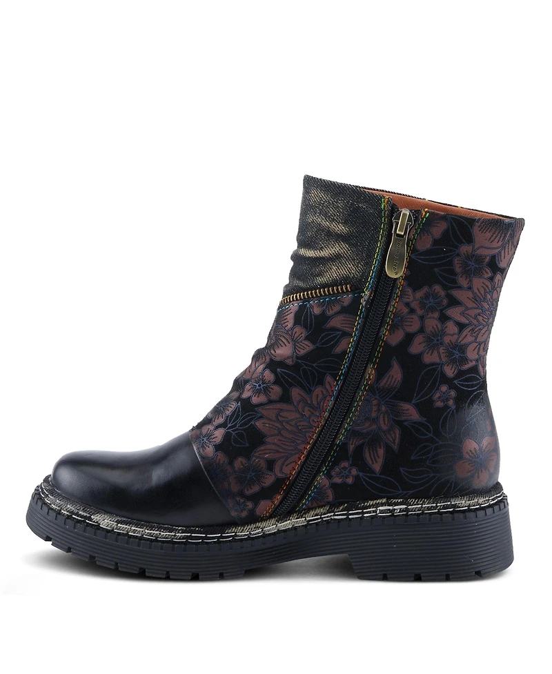 L'Artiste Women's Avrilrose Leather and Denim Booties with Daisy Accents, Lug Sole, Dual Zippers, Urban Grunge Design – Unique Mixed-Material Ankl