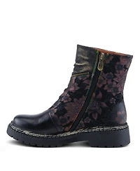 L'Artiste Women's Avrilrose Leather and Denim Booties with Daisy Accents, Lug Sole, Dual Zippers, Urban Grunge Design – Unique Mixed-Material Ankl