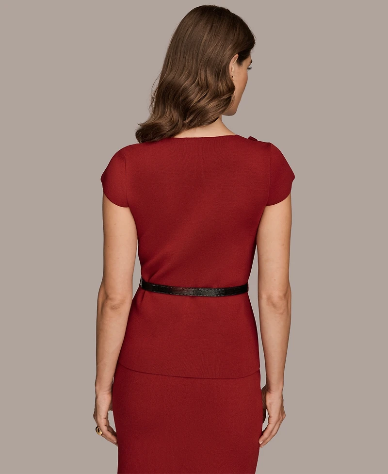 Donna Karan New York Women's Short Sleeves Asymmetric Belted Sweater