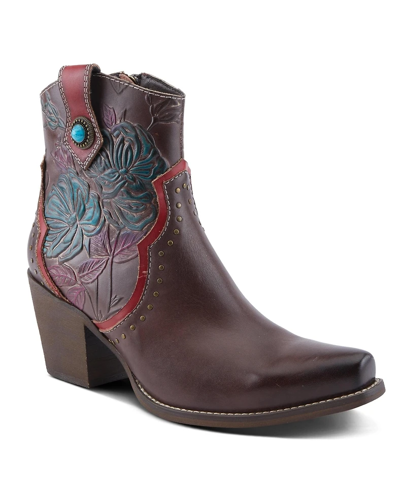 L Artiste Women s Rebamac Western Floral Embossed Leather Mid-Calf Cowboy Booties with Snip Toe and Zipper Closure