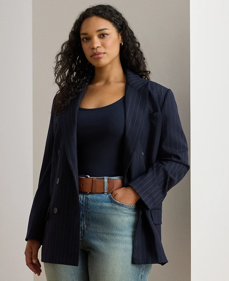 Lauren Ralph Plus Double-Breasted Pinstripe Twill Blazer