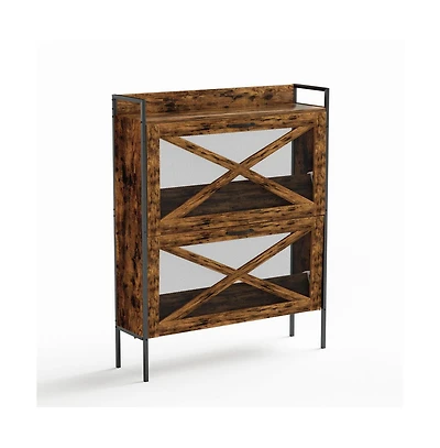 Chic Crate-2-Drawer Flip-Top Shoe Cabinet Narrow | Entryway | Metal Legs | Rustic Brown | 31.5inx8.5inx39.5in