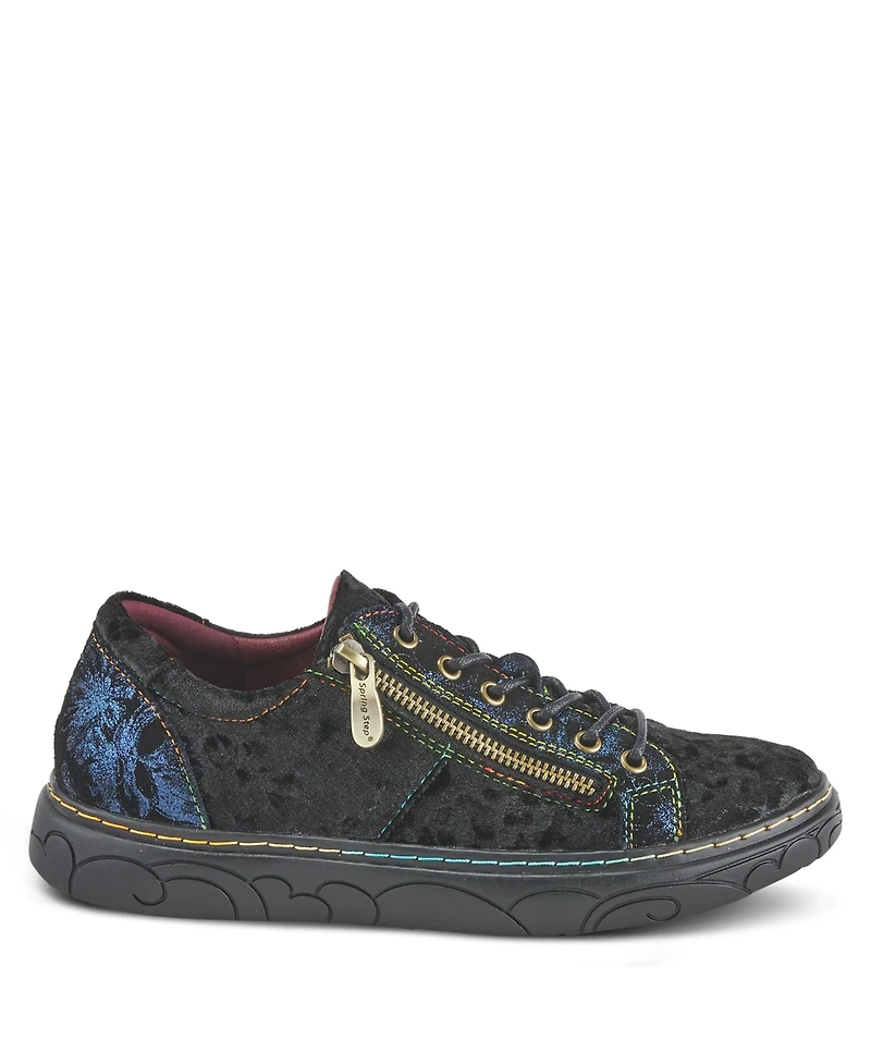 L Artiste Women s Danli-cheeta Hand Painted Leather Platform Sneakers with Metallic Floral Accents and Removable Insole