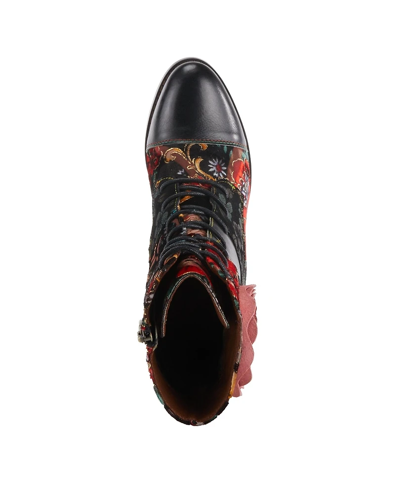 L Artiste Women s Roselia Lace-Up Floral Tapestry Boots with Sculpted Heel and Inside Zipper