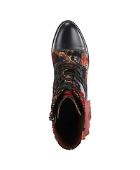 L Artiste Women s Roselia Lace-Up Floral Tapestry Boots with Sculpted Heel and Inside Zipper