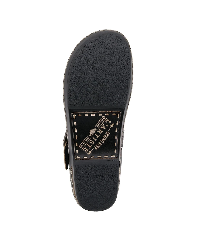 L Artiste Women s Aneria Hand-Painted Leather Clogs with Floral Laser Cutouts, Adjustable Buckle & Contrast Stitching