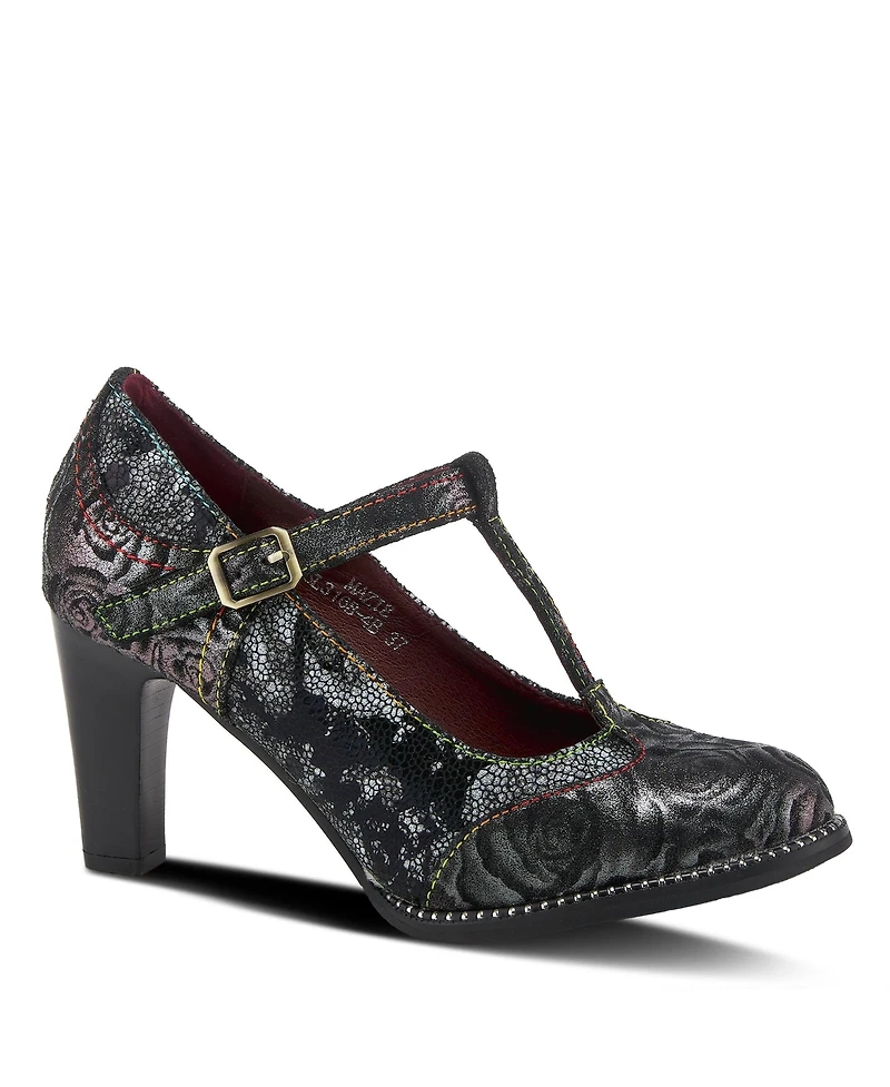L Artiste Women s Mazie Closed-Toe T-Strap Heels Floral Metallic and Mosaic Leather with Decorative Buckle Stacked Heel – French-Inspire