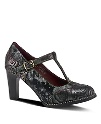 L Artiste Women s Mazie Closed-Toe T-Strap Heels Floral Metallic and Mosaic Leather with Decorative Buckle Stacked Heel – French-Inspire
