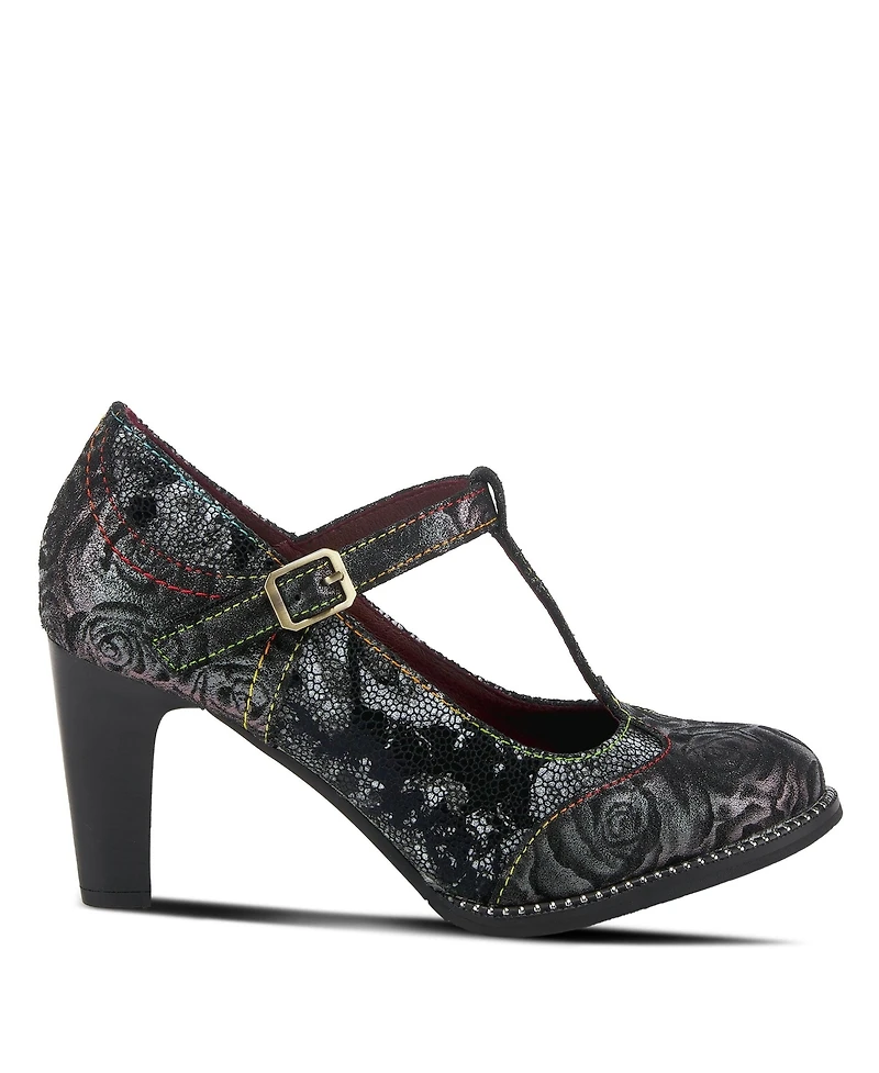 L Artiste Women s Mazie Closed-Toe T-Strap Heels Floral Metallic and Mosaic Leather with Decorative Buckle Stacked Heel – French-Inspire
