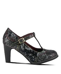 L Artiste Women s Mazie Closed-Toe T-Strap Heels Floral Metallic and Mosaic Leather with Decorative Buckle Stacked Heel – French-Inspire