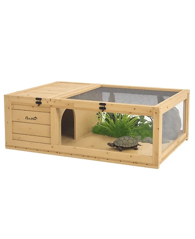 PawHut Wooden Tortoise House Turtle Habitat Enclosure Outdoor Reptile Cage