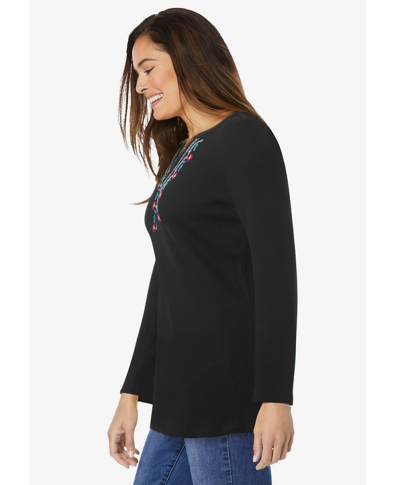 Woman Within Plus Embroidered Thermal Henley Tee