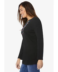 Woman Within Plus Embroidered Thermal Henley Tee