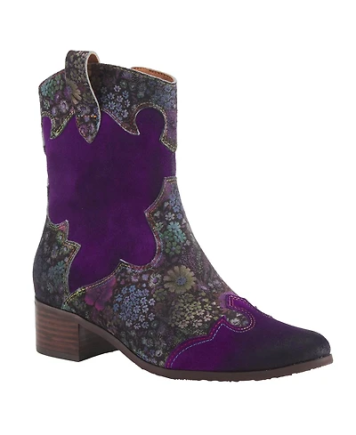 L'Artiste Women's Ladyluck Western Suede Booties with Floral Overlay and Block Heel