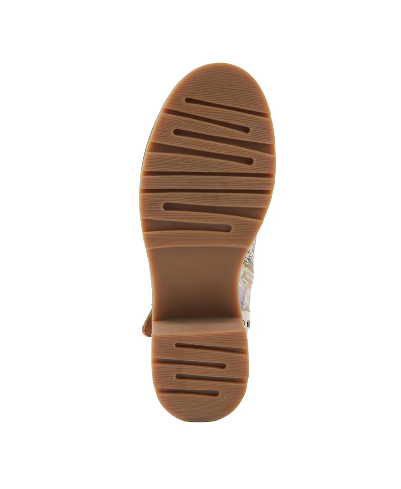 L'Artiste Women's Branchout Hand-Painted Leather Booties with Etched Botanical Motifs, Studded Buckle Strap, Inside Zipper, and Rainbow Stitching