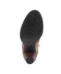 L'Artiste Women's Avyanna Velvet and Leather Ankle Boots with Embossed Floral Design, Cap Toe, Dual Zippers, Low Heel – Romantic Hand-Painted Stat