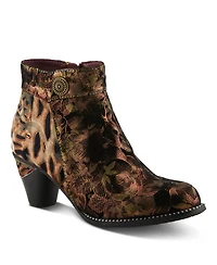 L'Artiste Women's Dessalynn Floral and Animal Print Suede Ankle Boots with Velvet Lining, Decorative Button, Side Zipper, Sculpted Mid Heel – Arti