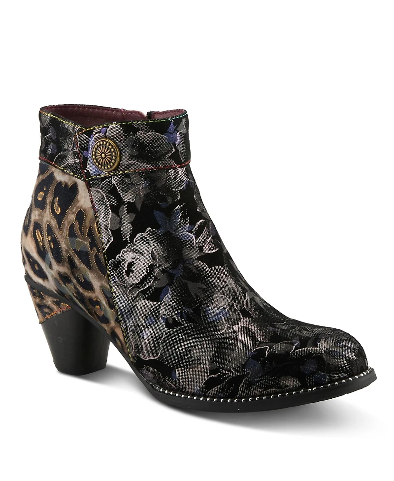 L'Artiste Women's Dessalynn Floral and Animal Print Suede Ankle Boots with Velvet Lining, Decorative Button, Side Zipper, Sculpted Mid Heel – Arti