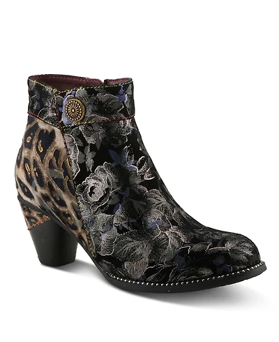 L'Artiste Women's Dessalynn Floral and Animal Print Suede Ankle Boots with Velvet Lining, Decorative Button, Side Zipper, Sculpted Mid Heel – Arti