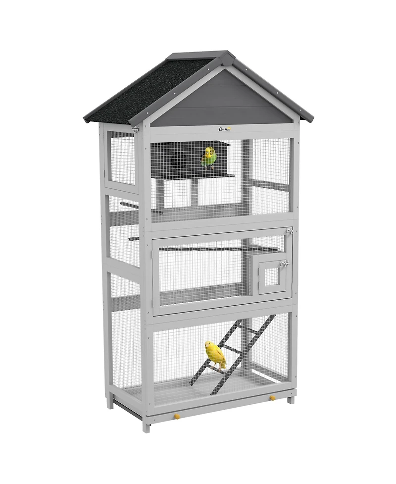 PawHut Wooden Bird Aviary with Slide-Out Tray, Birdhouse, Ladder, Perches