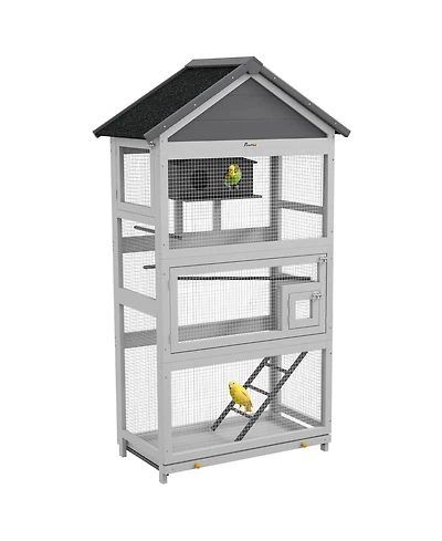 PawHut Wooden Bird Aviary with Slide-Out Tray, Birdhouse, Ladder, Perches