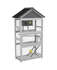 PawHut Wooden Bird Aviary with Slide-Out Tray, Birdhouse, Ladder, Perches