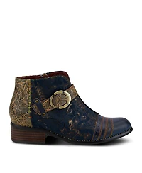 L Artiste Women s Georgiana Hand-Painted Leather Booties with Decorative Buckle, Rainbow Stitching, and Full-Zip Closure – French-Inspired Comf