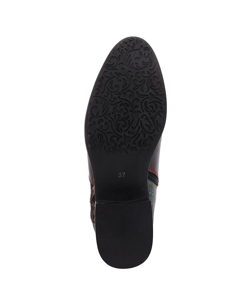 L'Artiste Women's Tiatia Hand-Painted Leather Ankle Boots with Asymmetrical Buckle Strap, Embossed and Suede Panels, Block Heel, Side Zipper – Fre