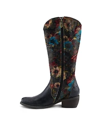 L Artiste Women s Rodeoqueen-viv Western Tall Boots with Embossed Leather, Floral Velvet Shaft, and Stacked Heel
