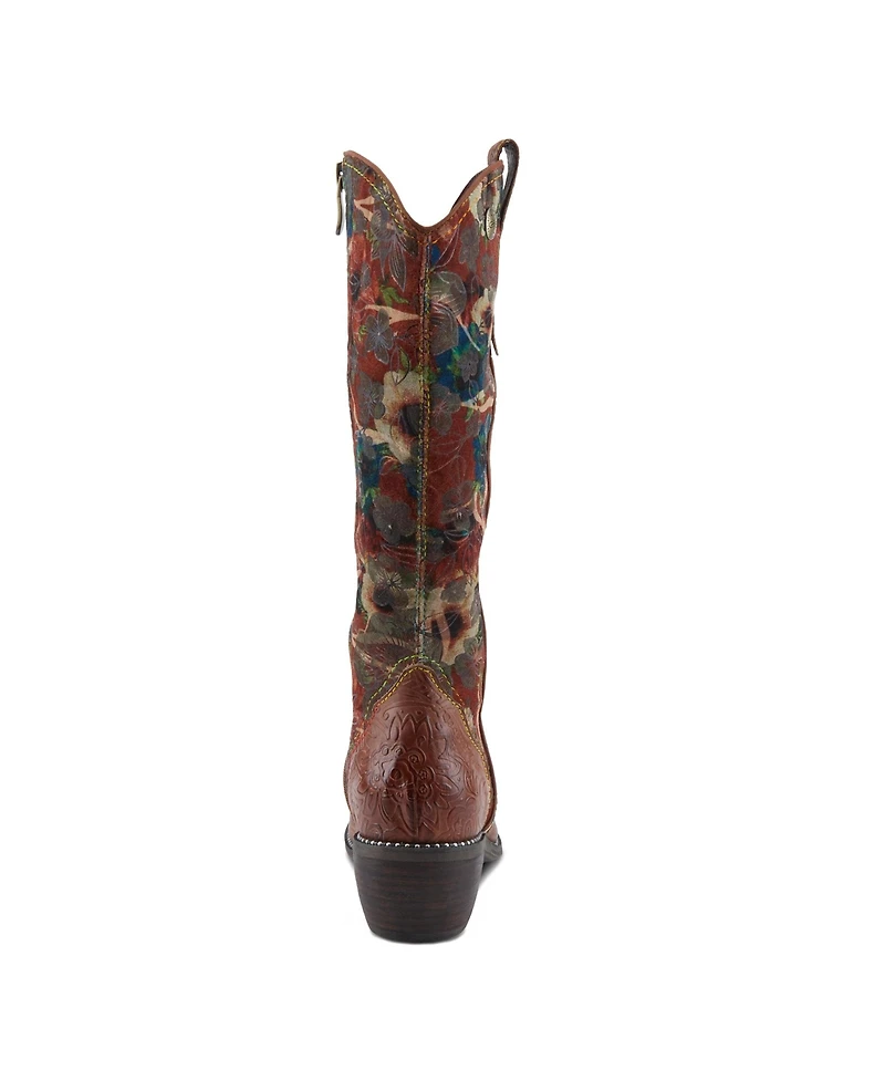 L Artiste Women s Rodeoqueen-viv Western Tall Boots with Embossed Leather, Floral Velvet Shaft, and Stacked Heel