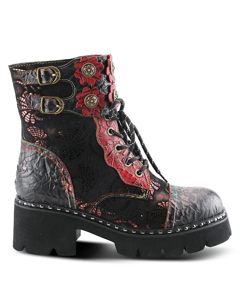 L Artiste Women s Limitless Leather Combat Boot with Floral Cutouts, Stud Accents & Rainbow Stitching