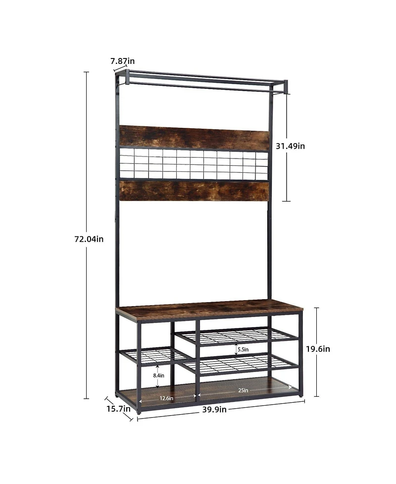Gaomon Coat Rack Hall Tree with 3-Tier Shoe Storage and 5 Hooks ,Sturdy wooden boards and iron grids, Large Wood-Look Shoe Rack Bench for Entryway, Cl