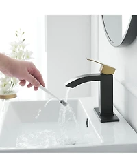Greenspring Waterfall Single Hole Single-Handle Low-Arc Bathroom Sink Faucet With Pop-up Drain Assembly In Gold Black