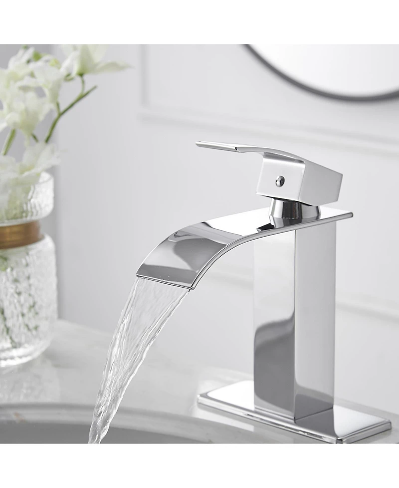 Greenspring Waterfall Single Handle Single Hole Modern Bathroom Faucet With Metal Drain Drip-Free Vanity Sink Faucet in Brushed Gold