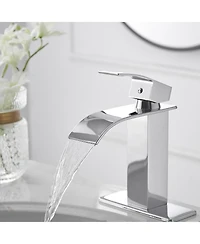 Greenspring Waterfall Single Handle Single Hole Modern Bathroom Faucet With Metal Drain Drip-Free Vanity Sink Faucet in Brushed Gold