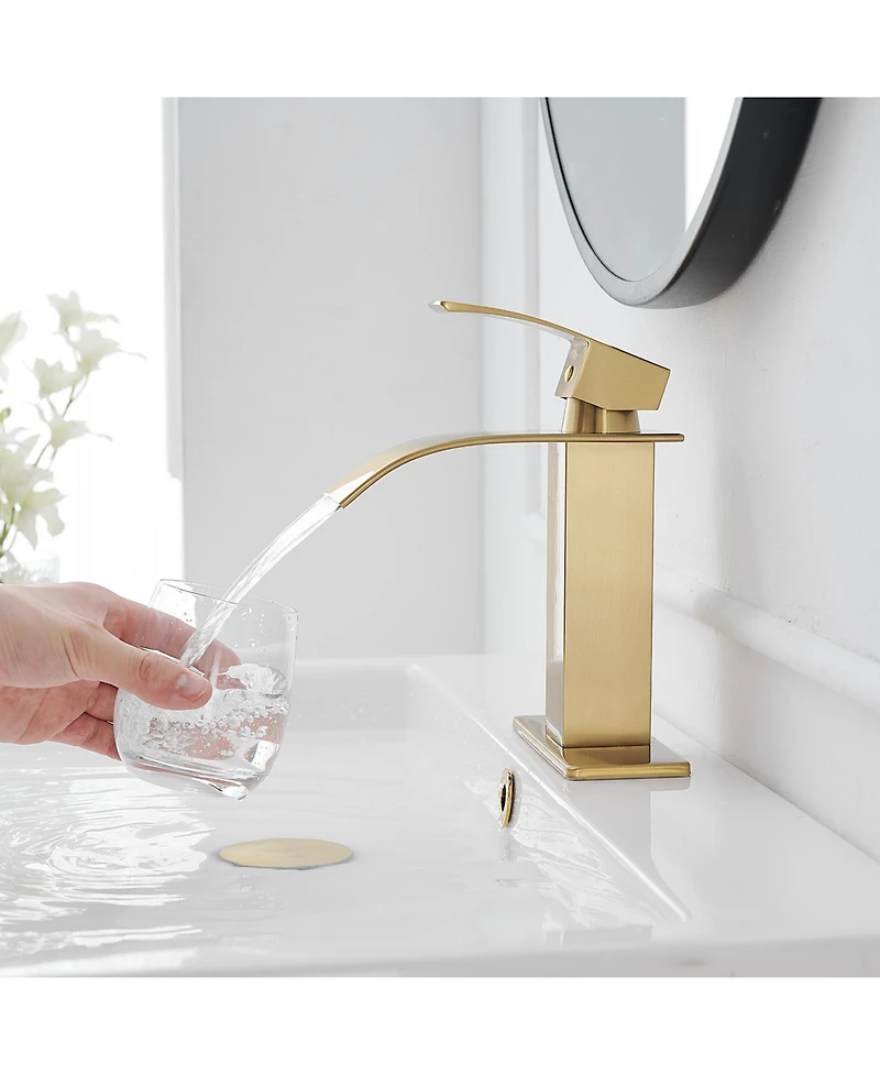 Greenspring Waterfall Single Handle Hole Modern Bathroom Faucet With Metal Drain Drip-Free Vanity Sink Brushed Gold