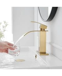 Greenspring Waterfall Single Handle Hole Modern Bathroom Faucet With Metal Drain Drip-Free Vanity Sink Brushed Gold