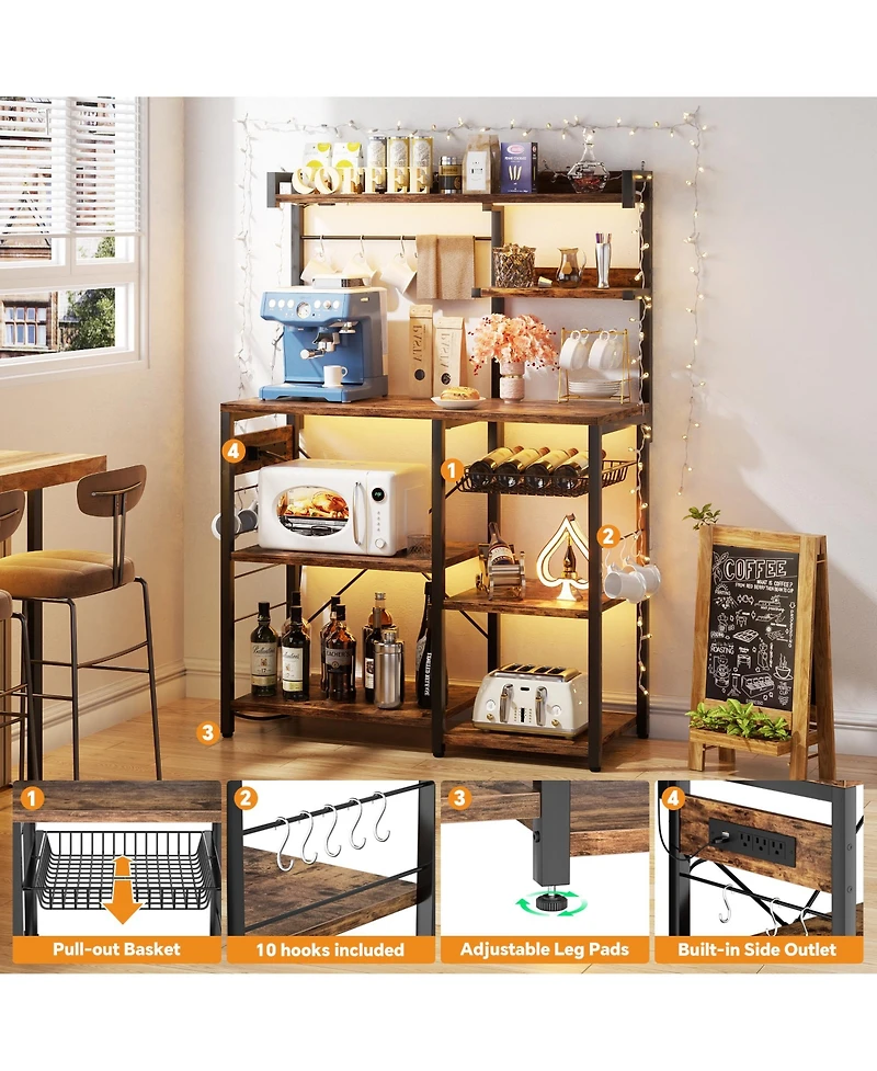 Kitchen Storage Shelf with Hooks, Coffee Bar Station Power Outlets & Led Light, Bakers Rack Pull-Out Basket