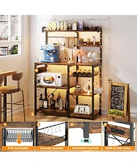 Kitchen Storage Shelf with Hooks, Coffee Bar Station Power Outlets & Led Light, Bakers Rack Pull-Out Basket