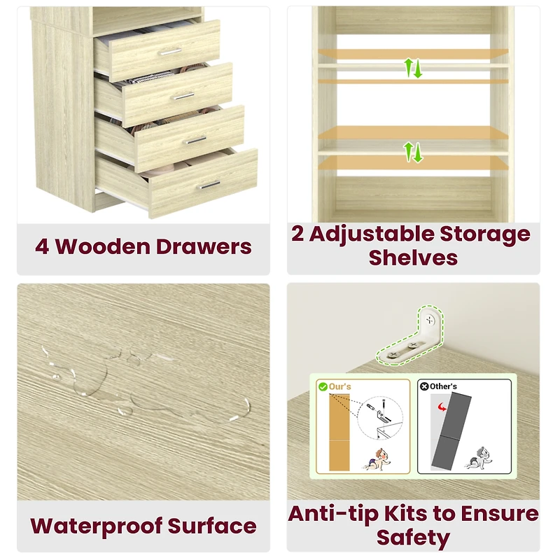 21.3" Closet Drawer System, Walk-in Tower with 4 Wooden Drawers and Shelves