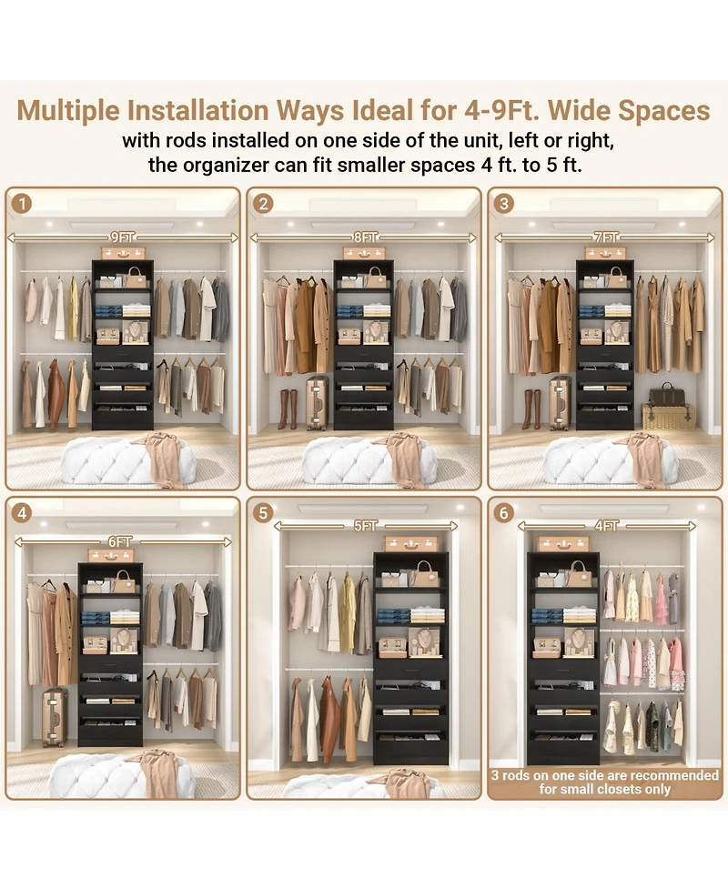 Aheaplus 8FT Wall Mounted Closet System with 4 Drawers and Hanging Rods, Garment Rack Shelves