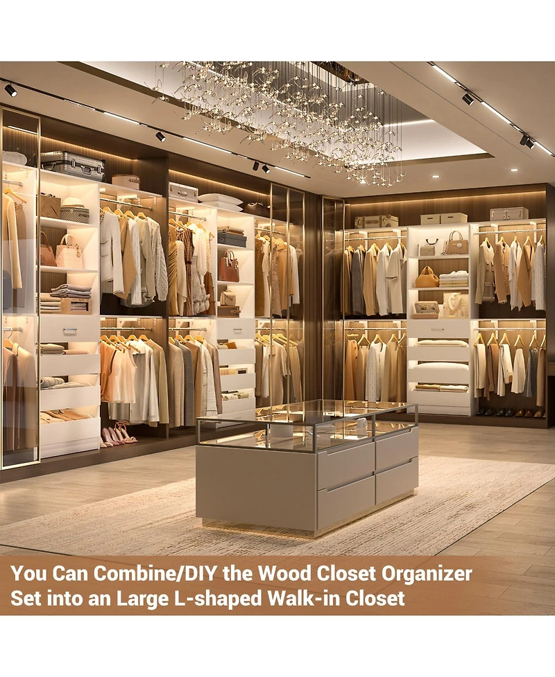 Aheaplus 96 inches Closet Organizer System with 4 Reversible Shelves and 4 Wood Drawers, Wardrobe Clothes Rack with 4 Hanging Rods