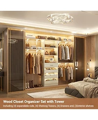 Aheaplus 96 inches Closet Organizer System with 4 Reversible Shelves and Wood Drawers, Wardrobe Clothes Rack Hanging Rods